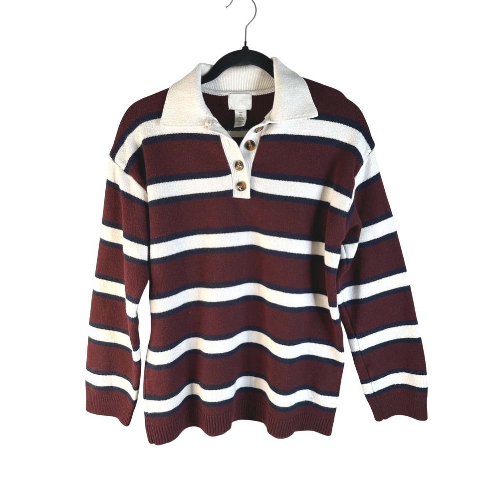 H&M Women's Burgundy Striped Long Sleeve Knit Polo Sweater Size Small